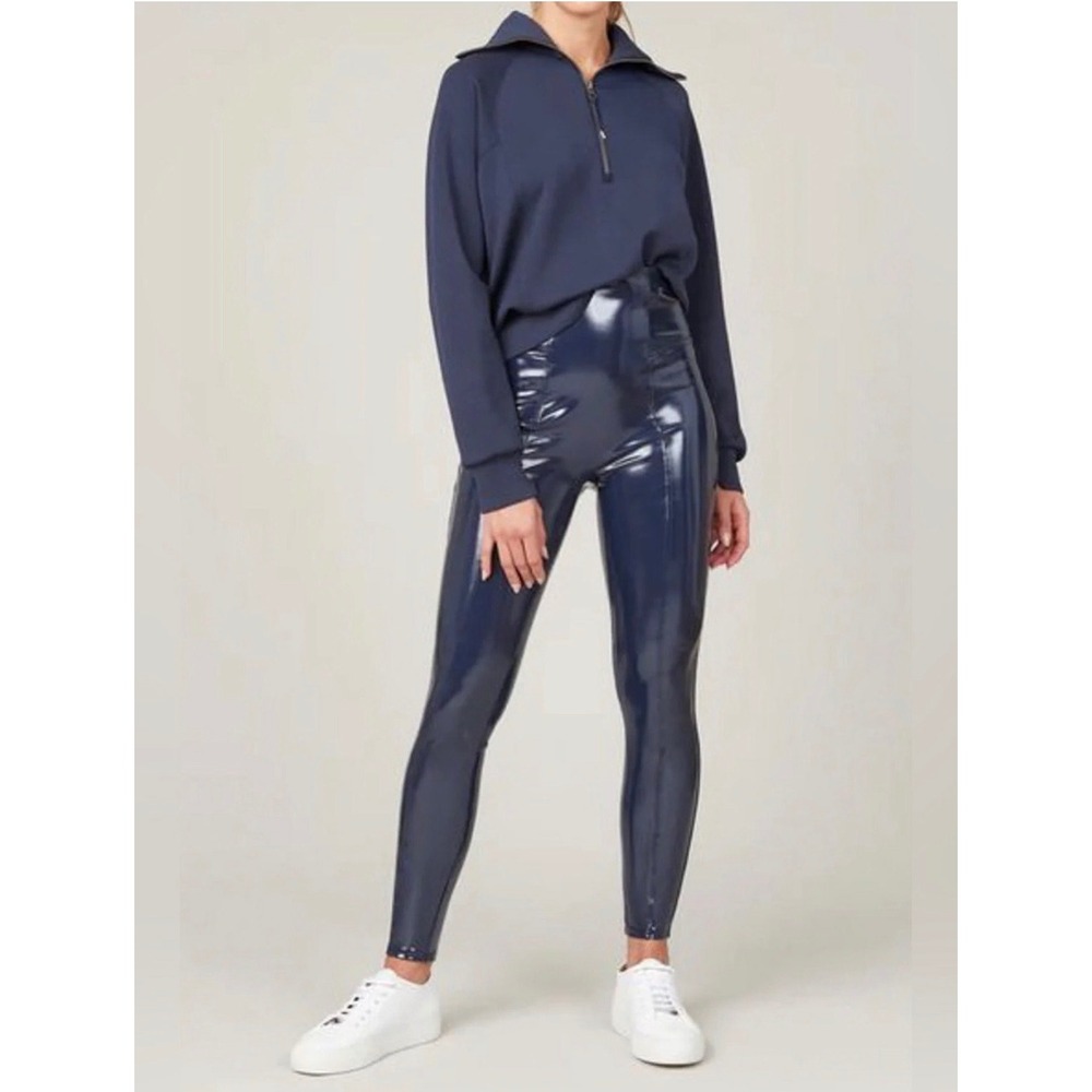 Spanx Faux Patent Leather Leggings in Navy Liquid Gloss Size Medium Edgy Moto